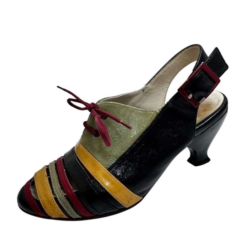 John Fluevog Brooke 6.5 Multicolor Cutout Slingback Heels Retro Mod Art Deco - Picture 2 of 14